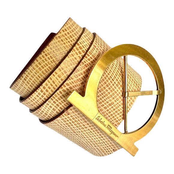 Ferragamo Gancini Belt Beige Leather Gold Gancini Buckle | Vintage Luxe Gift NEW - Picture 4 of 16
